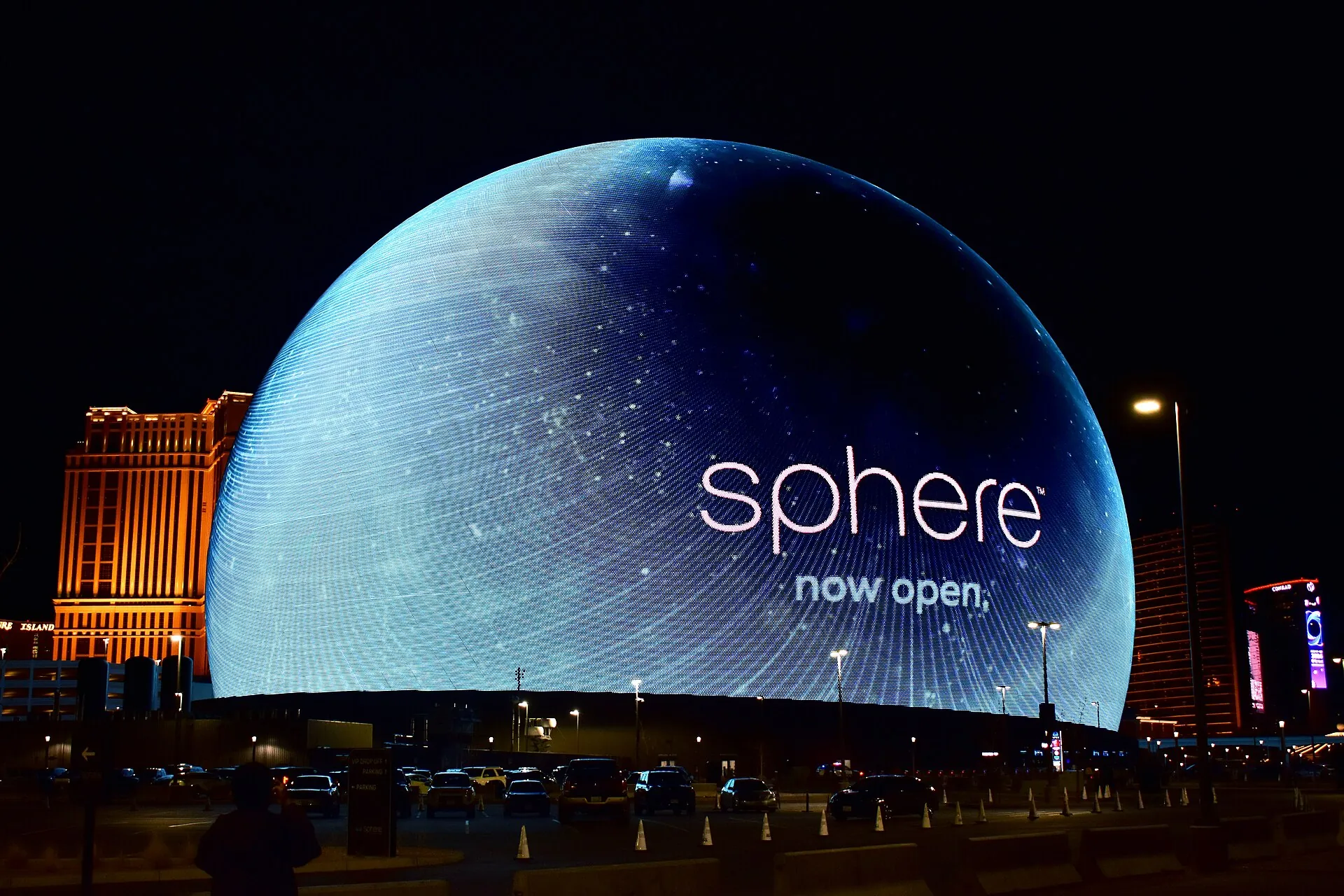 MSG Sphere exosphere lit at night, Las Vegas